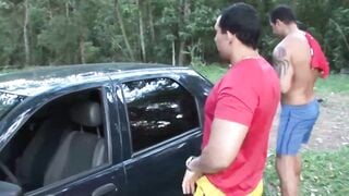 Outdoor Twink Threesome - Big Dick Hunk Fucks Two Hot Guys Raw