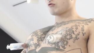 Tatted-Up JAV Babe Jerking Off And Teasing Nipple Play