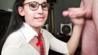 Nerd Girl In Geek Chic Glases Gets Facial From Huge Load