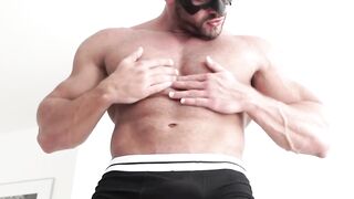 Masked Hunk Wanks Off Post Bed Exit Session" or "Huge Load From The Shower Room