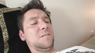 Vulgar dark haired women blows his eggs before fucking
