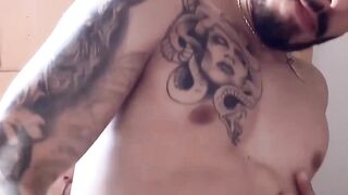 Ink-Slinger's Big Dick Ride - Huge Load on Back of Hot Latin Guy