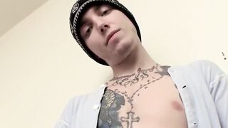 Hairy Bear's Uncut Dick Jerks Off And Shoots A Load On His Furry Chest