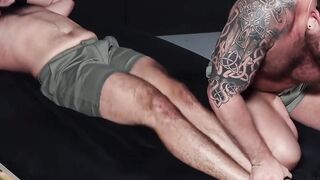 Dominatrix Foot Worship Session with Muscle Studs in Bondage Action Pornography