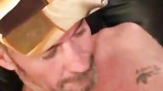 Beefy tatted mature gay shows off wanking skills