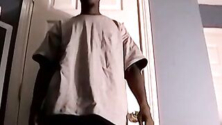 Skinny perv cums hard while masturbating to TV porn