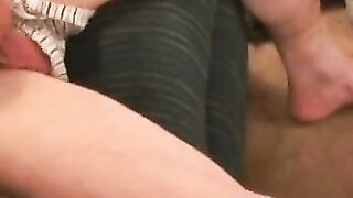 Naughty grandpa strokes his cock while watching porn