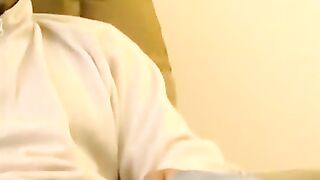 Hairy gay dude smokes and jerks his veiny dick solo