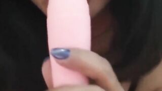 Turned On huge natural boobies women plays with pink vibrator