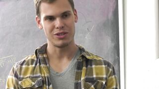 Guy takes out his cock ifo his busty tattooed trans teacher