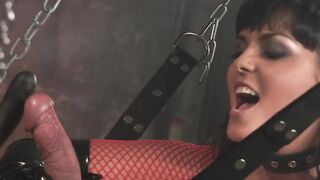 Chained man has a dark haired GF rides him into a dungeon