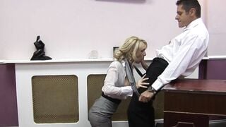 Turned On secretary comes inside the boss's office to suck him