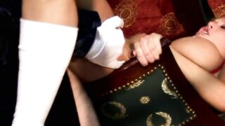 Mystery man walks inside big boobed blonde's room to got his tool