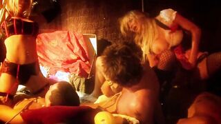 Crazy blondes into hot outfits use nude guys for their sub