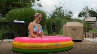 19 Year Old into bikini fucks masked voyeur pervert into the backyard