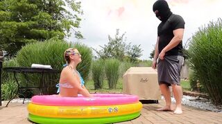 19 Year Old into bikini fucks masked voyeur pervert into the backyard