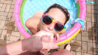 19 Year Old into bikini fucks masked voyeur pervert into the backyard