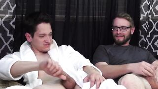 Caesar Cummings jerks his cock then Jake Karhoff's too