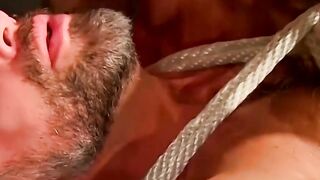 Rope bound Dirk Caber drips precum from his throbbing cock