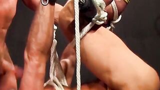 Rope bound Dirk Caber drips precum from his throbbing cock