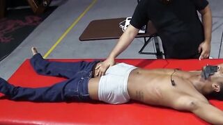 Kaden Roads slaps captive with flogger then plays with cock