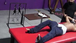 Kaden Roads slaps captive with flogger then plays with cock