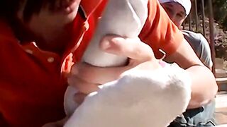 Dick lover Brendan worships feet with his hot friend in bed