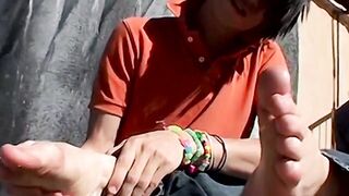 Dick lover Brendan worships feet with his hot friend in bed