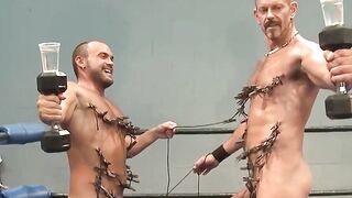 Colin Steele and Jessie Balboa clip clothespins on each other