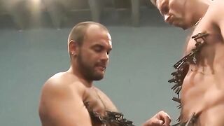 Colin Steele and Jessie Balboa clip clothespins on each other
