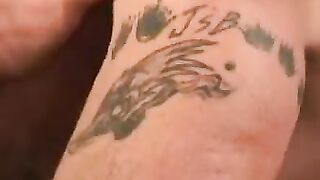 Rough old dude tugs his hard cock after smoking