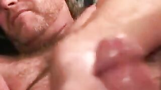 Thick older guy with glasses touches himself and cums