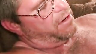 Thick older guy with glasses touches himself and cums