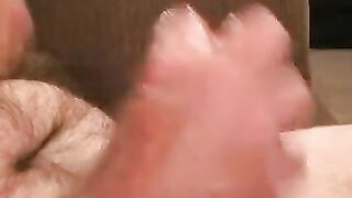 Thick older guy with glasses touches himself and cums