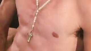 Inked pierced mature jerks and cums on his stomach