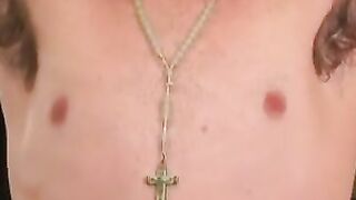 Inked pierced mature jerks and cums on his stomach