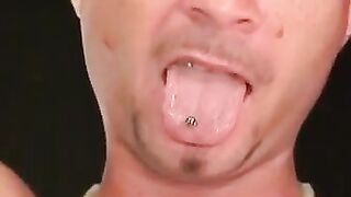 Inked pierced mature jerks and cums on his stomach