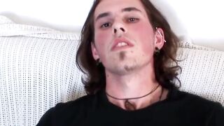 Long haired Noah Wood beats his throbbing pole till it spits