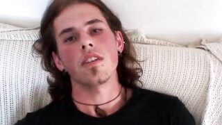 Long haired Noah Wood beats his throbbing pole till it spits
