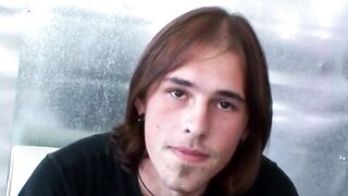 Long haired Noah Wood beats his throbbing pole till it spits