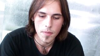 Long haired Noah Wood beats his throbbing pole till it spits