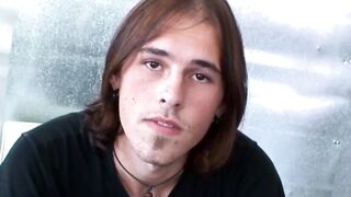 Long haired Noah Wood beats his throbbing pole till it spits