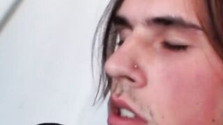 Long haired Noah Wood beats his throbbing pole till it spits