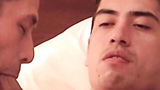 Athletic hunk moans while receiving expert cock sucking