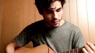 Handsome guy plays guitar while jerking off alone