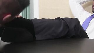 Black foot lover sighs as soles get licked clean