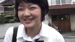 Tiny Asian student flashes her wet panties to the filming man