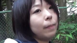 Tiny Asian student flashes her wet panties to the filming man