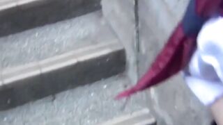 Tiny Asian student flashes her wet panties to the filming man