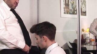 Skinny twink sucks daddy's cock before taking it raw deep